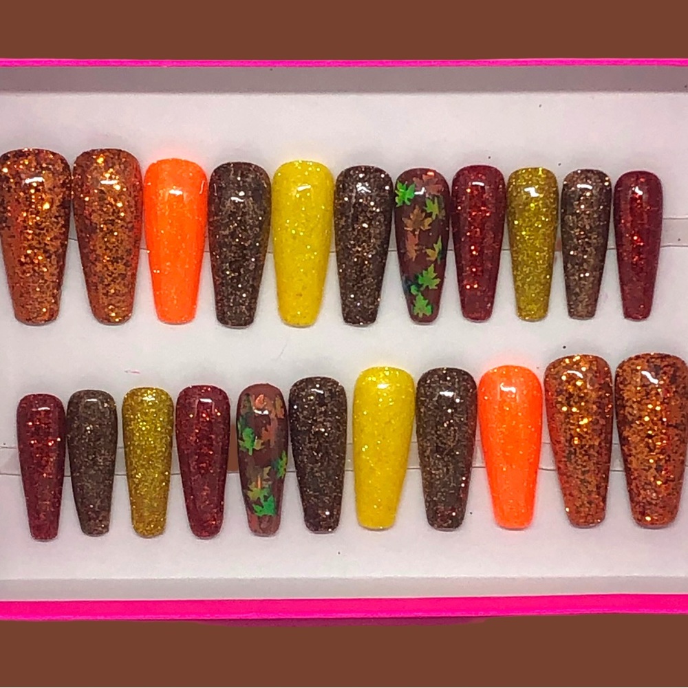 Handmade Custom Press on Nails Long Coffin UV Gel Glitter Metallic Fall Leaves - Picture 10 of 10